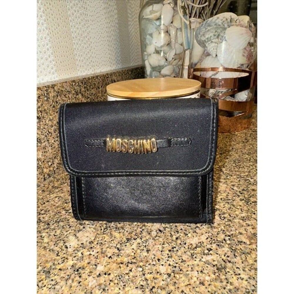 Rare Moschino Black Leather Wallet with Gold Charms Authentic